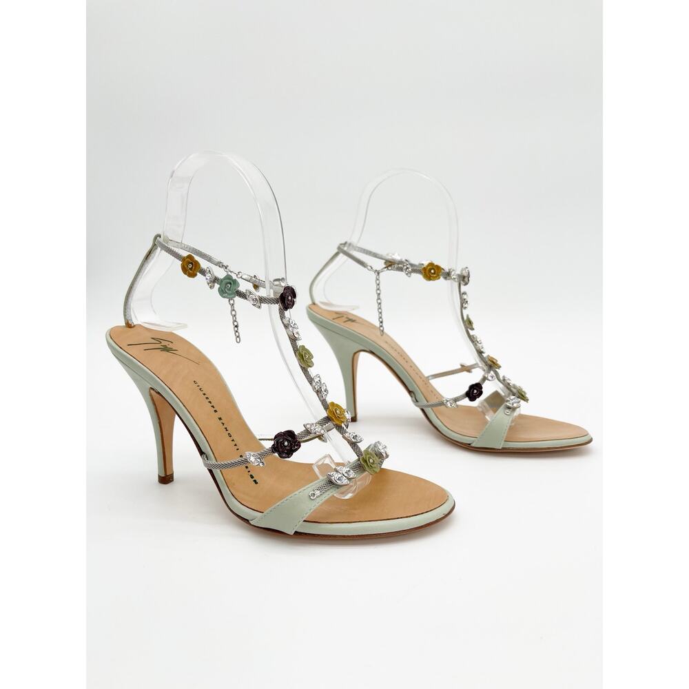 Giuseppe Zanotti Vintage Mint Green Crystal Floral T Strap Heeled Sandals US 7.5 - Picture 2 of 13